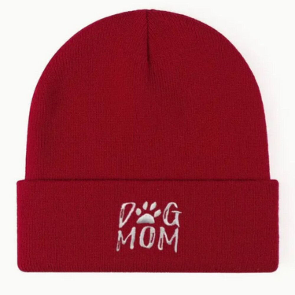 "Dog Mom" Stocking Beanie Hat in Deep Red